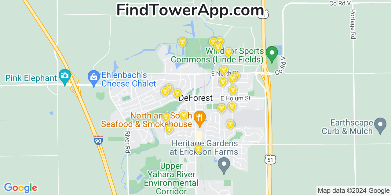 AT&T 4G/5G cell tower coverage map De Forest, Wisconsin