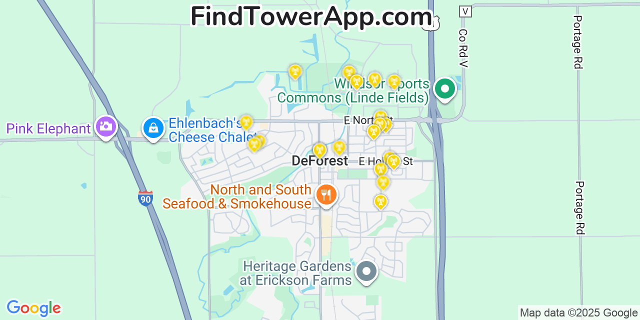 Map showing the 20 primary cell tower locations detected in De Forest, Wisconsin from AT&T, Verizon, and T-Mobile networks