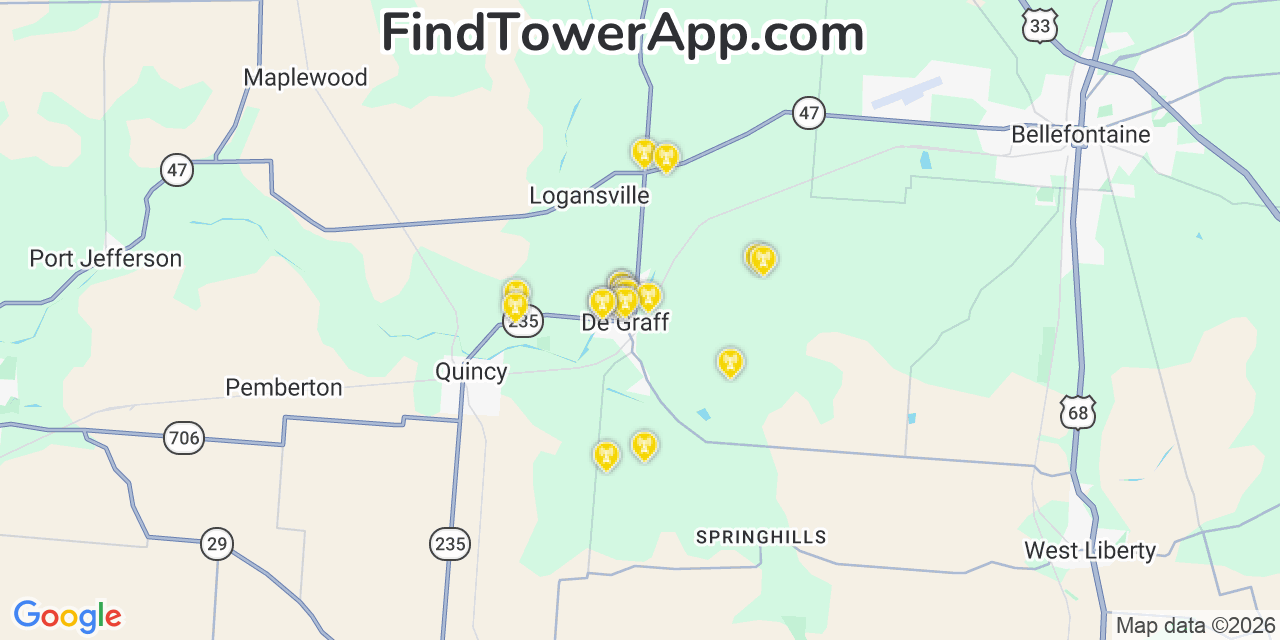 Map showing the 20 primary cell tower locations detected in De Graff, Ohio from AT&T, Verizon, and T-Mobile networks