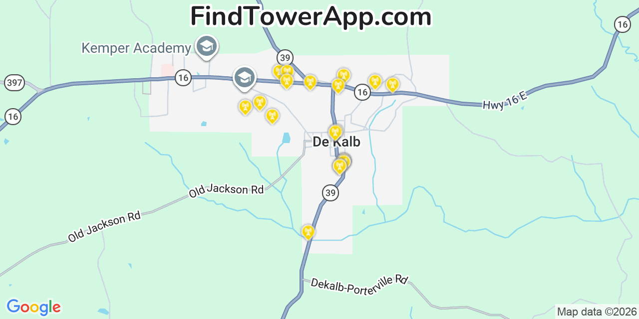 Map showing the 20 primary cell tower locations detected in De Kalb, Mississippi from AT&T, Verizon, and T-Mobile networks