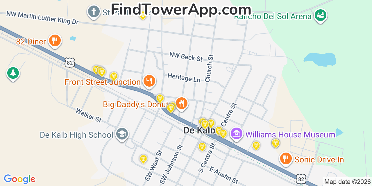 Map showing the 20 primary cell tower locations detected in De Kalb, Texas from AT&T, Verizon, and T-Mobile networks