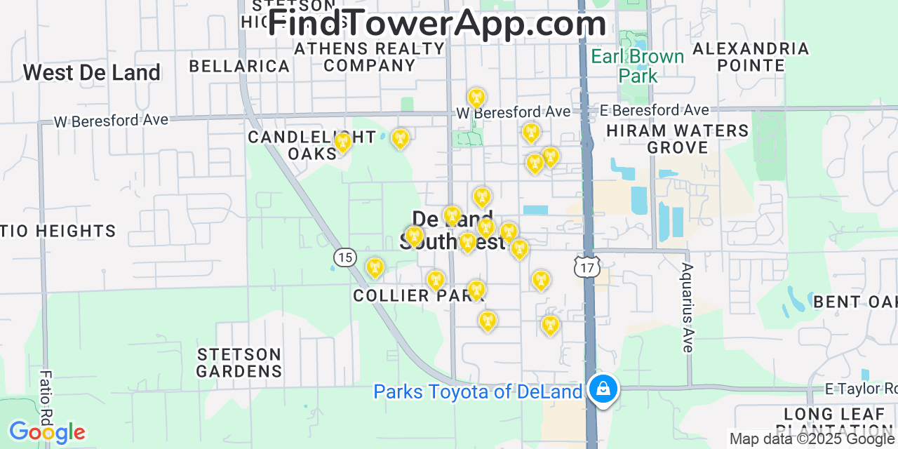 Map showing the 20 primary cell tower locations detected in De Land Southwest, Florida from AT&T, Verizon, and T-Mobile networks
