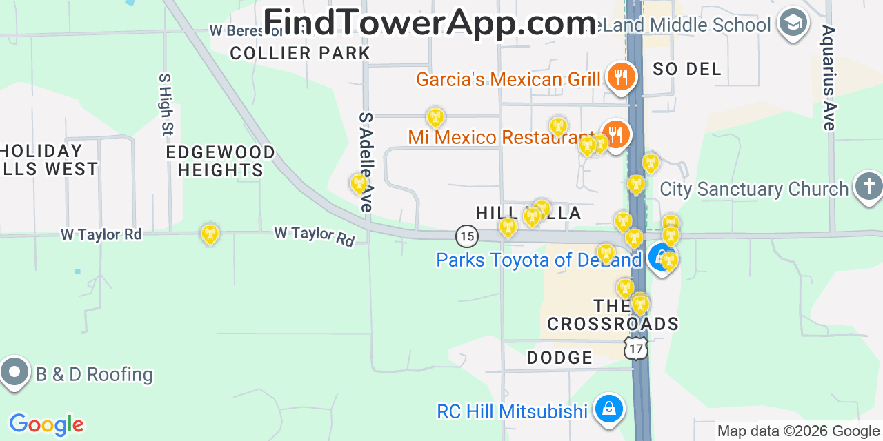 Map showing the 20 primary cell tower locations detected in De Land Southwest, Florida from AT&T, Verizon, and T-Mobile networks