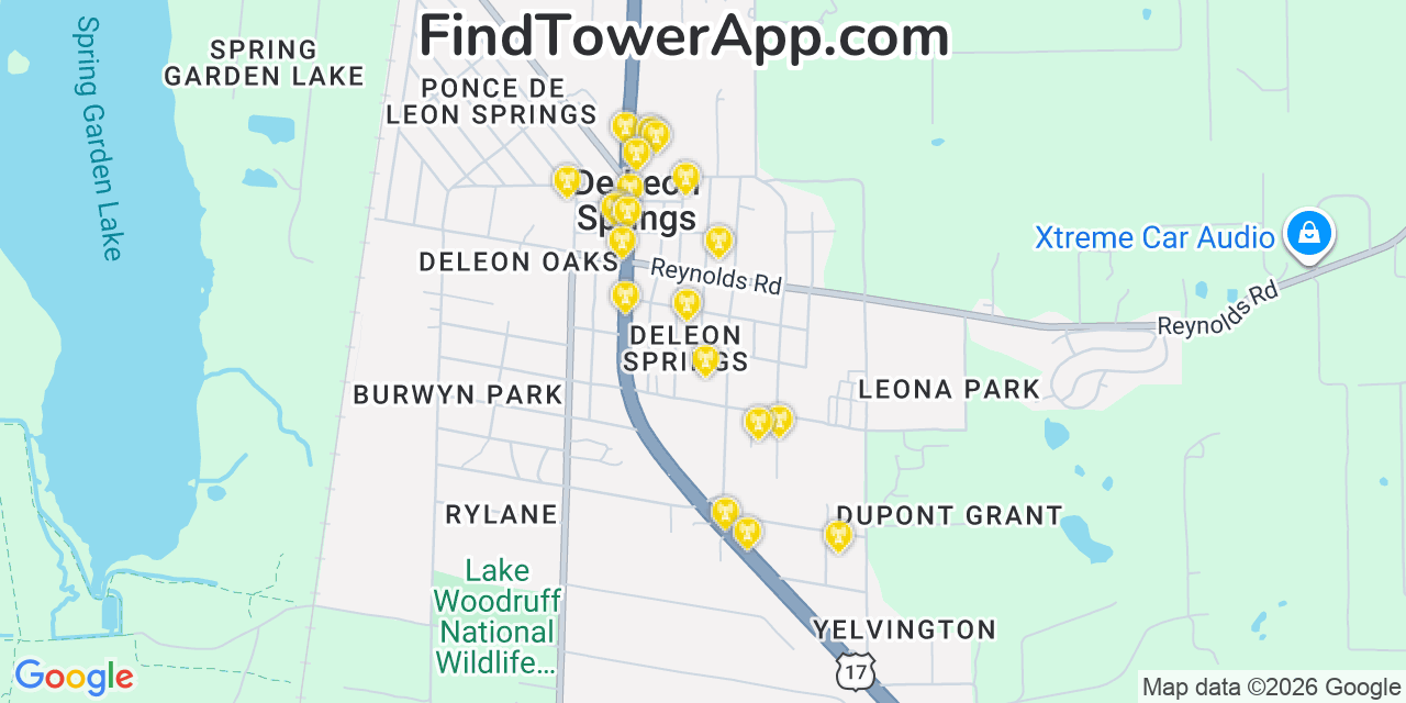 Map showing the 20 primary cell tower locations detected in De Leon Springs, Florida from AT&T, Verizon, and T-Mobile networks