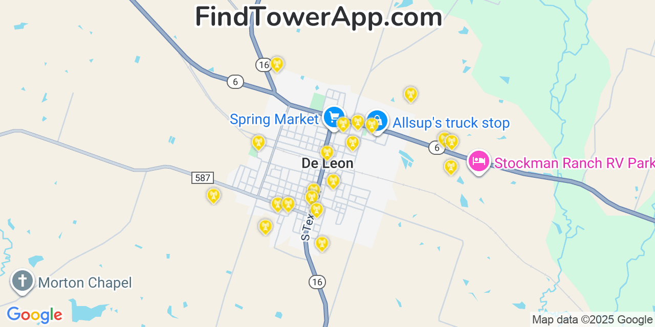 Map showing the 20 primary cell tower locations detected in De Leon, Texas from AT&T, Verizon, and T-Mobile networks