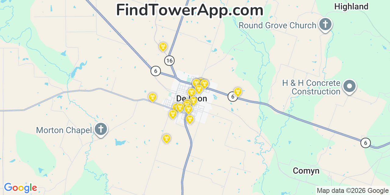 Map showing the 20 primary cell tower locations detected in De Leon, Texas from AT&T, Verizon, and T-Mobile networks