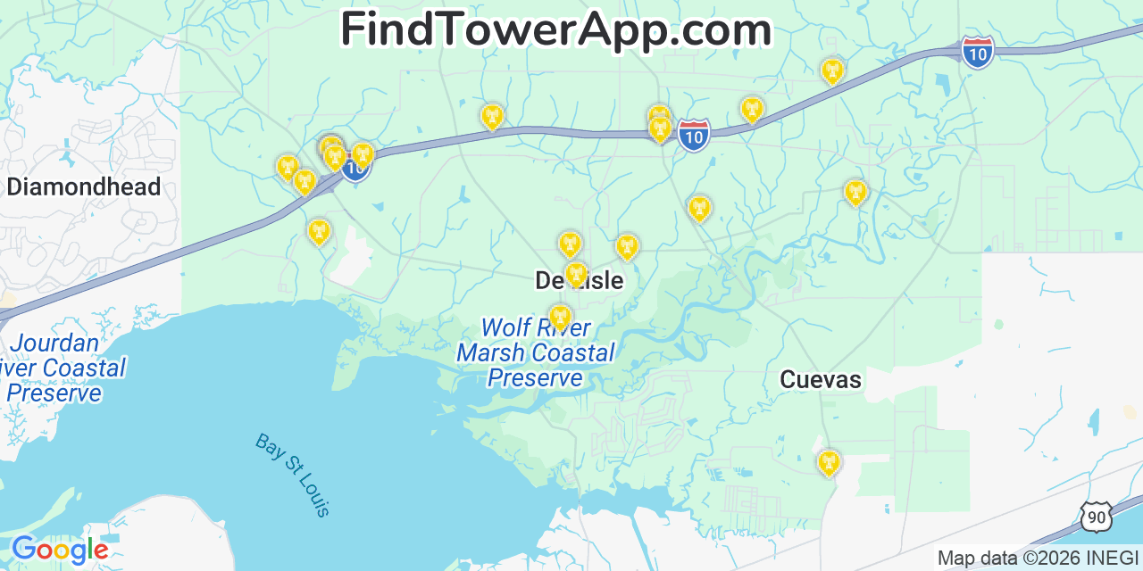 Map showing the 20 primary cell tower locations detected in De Lisle, Mississippi from AT&T, Verizon, and T-Mobile networks