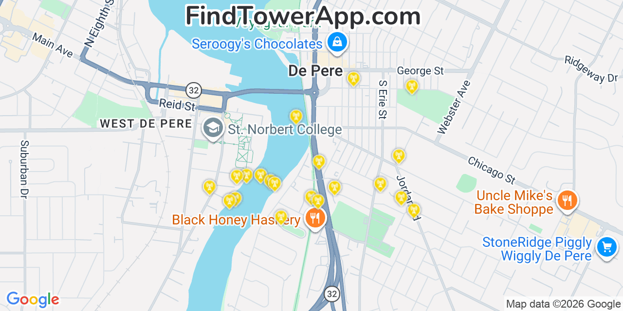 Map showing the 20 primary cell tower locations detected in De Pere, Wisconsin from AT&T, Verizon, and T-Mobile networks