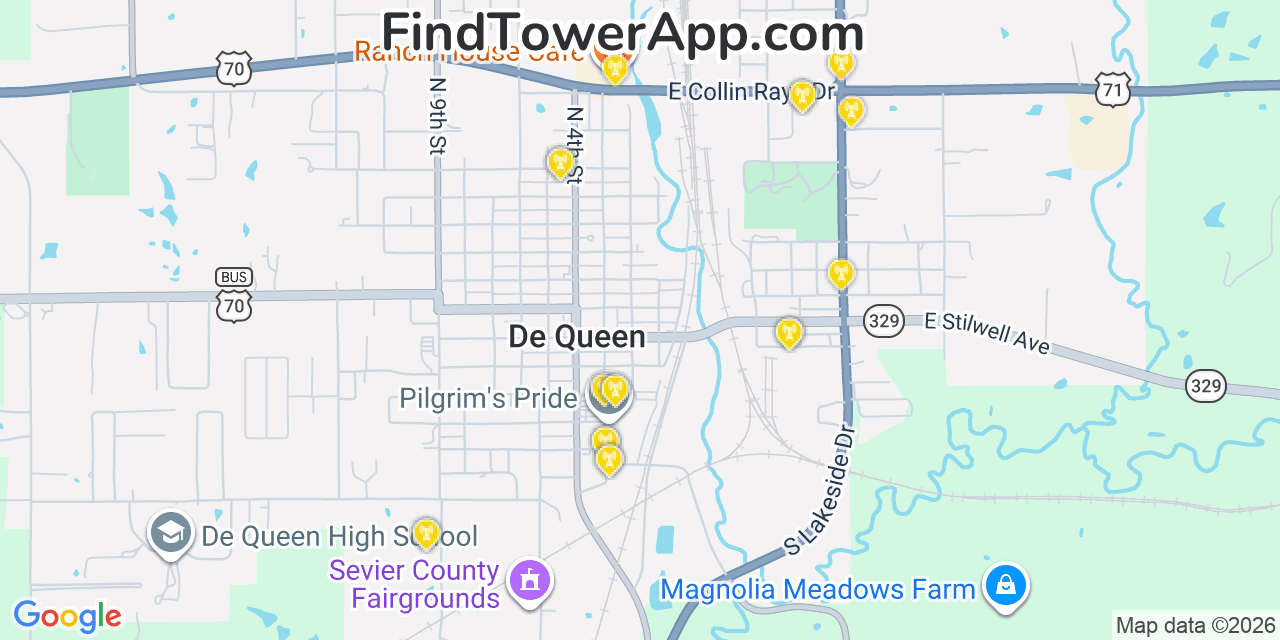Map showing the 20 primary cell tower locations detected in De Queen, Arkansas from AT&T, Verizon, and T-Mobile networks