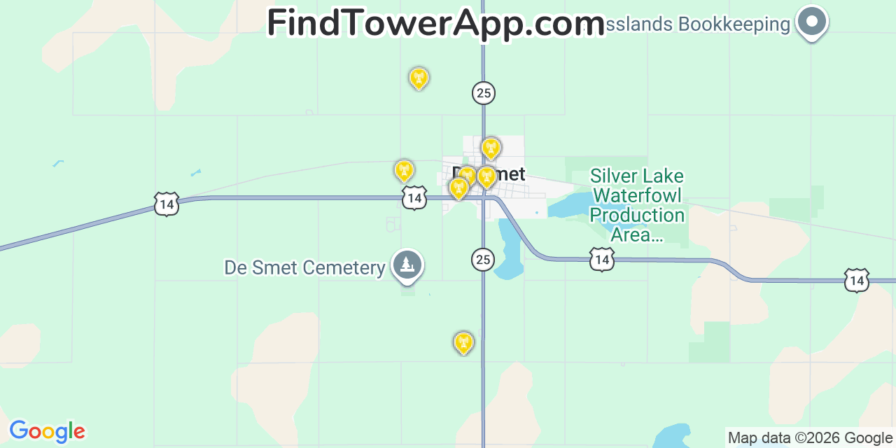 Map showing the 20 primary cell tower locations detected in De Smet, South Dakota from AT&T, Verizon, and T-Mobile networks