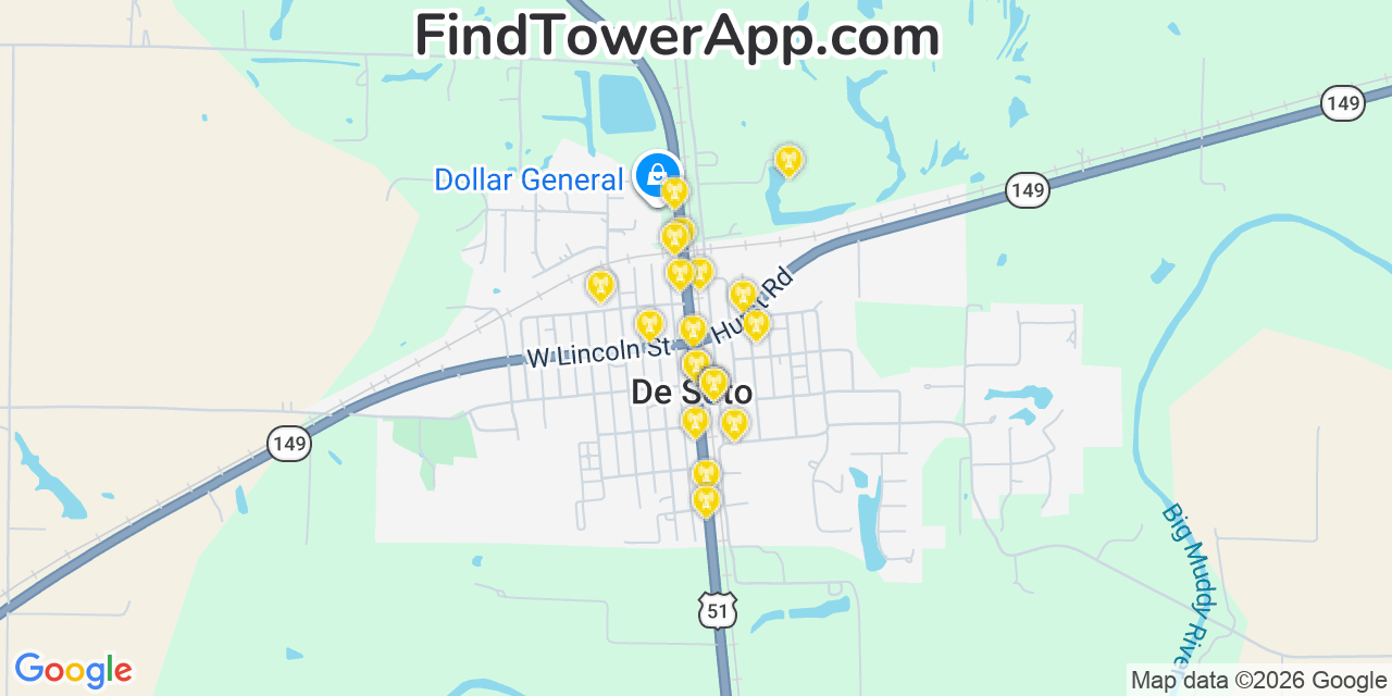 Map showing the 20 primary cell tower locations detected in De Soto, Illinois from AT&T, Verizon, and T-Mobile networks