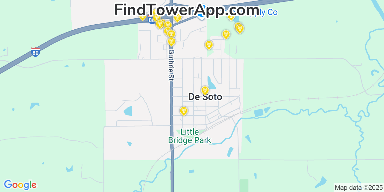 Map showing the 20 primary cell tower locations detected in De Soto, Iowa from AT&T, Verizon, and T-Mobile networks