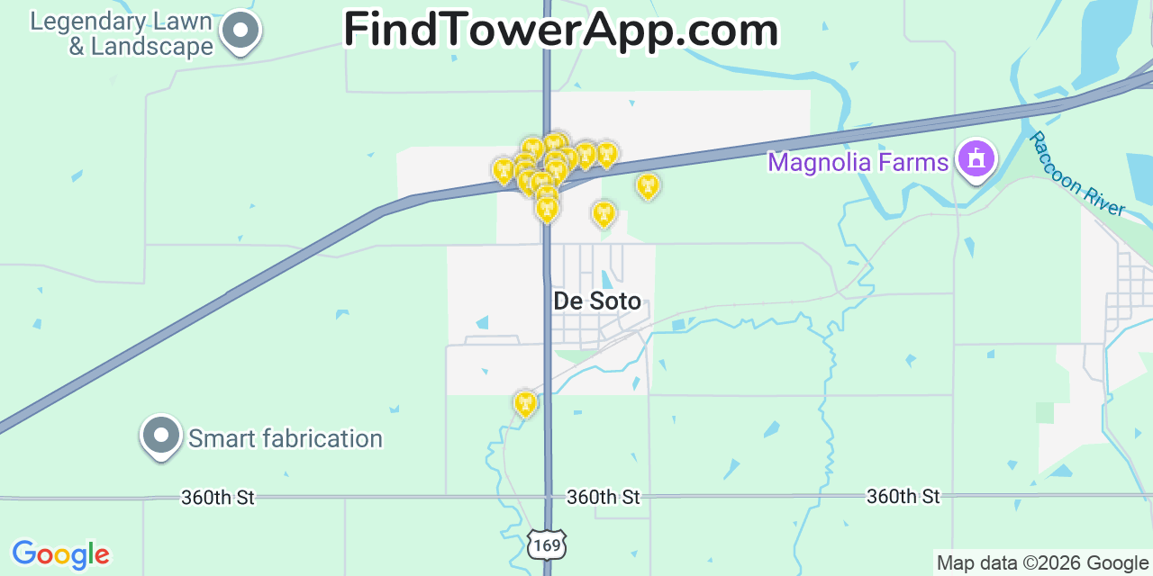 Map showing the 20 primary cell tower locations detected in De Soto, Iowa from AT&T, Verizon, and T-Mobile networks