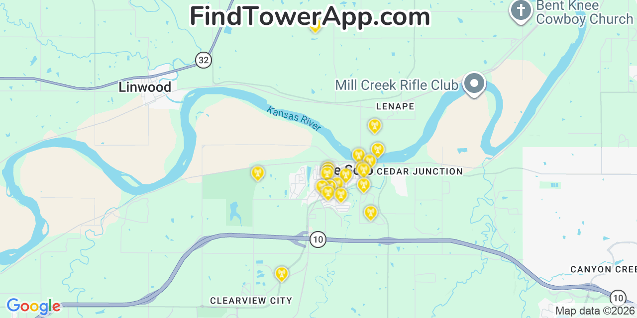 Map showing the 20 primary cell tower locations detected in De Soto, Kansas from AT&T, Verizon, and T-Mobile networks