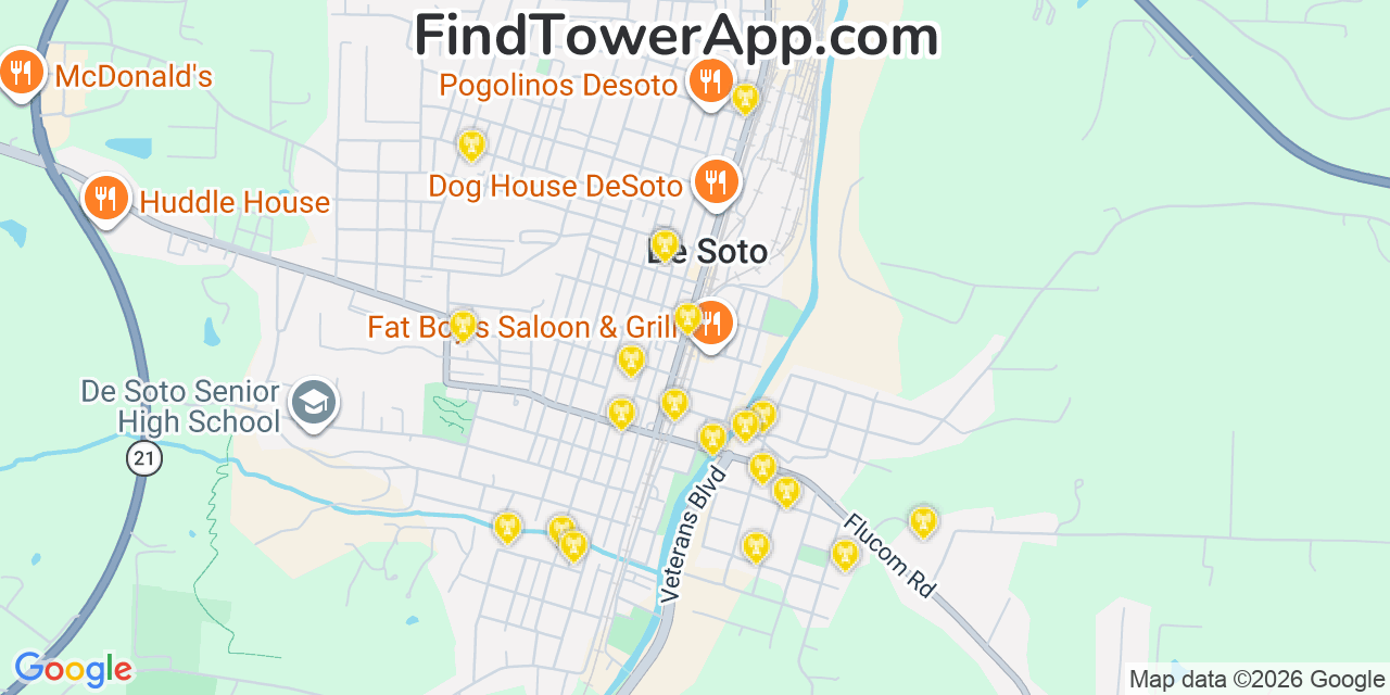 Map showing the 20 primary cell tower locations detected in De Soto, Missouri from AT&T, Verizon, and T-Mobile networks