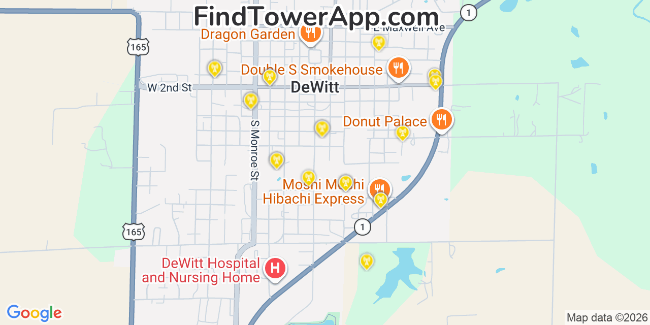 Map showing the 20 primary cell tower locations detected in De Witt, Arkansas from AT&T, Verizon, and T-Mobile networks
