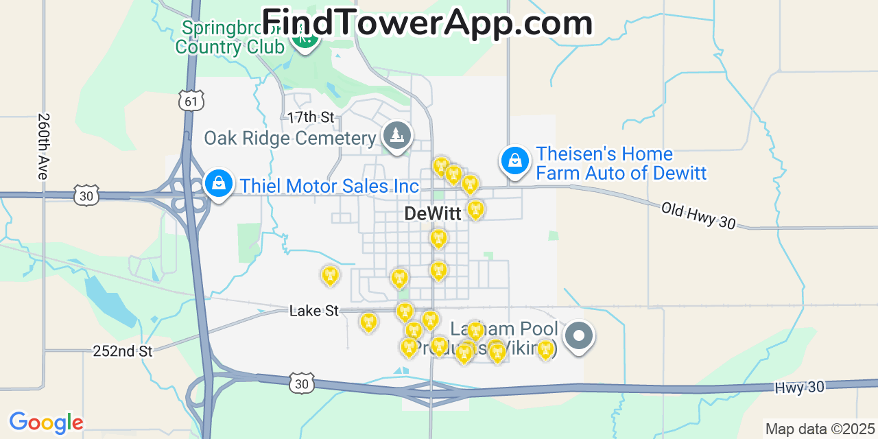 Map showing the 20 primary cell tower locations detected in De Witt, Iowa from AT&T, Verizon, and T-Mobile networks