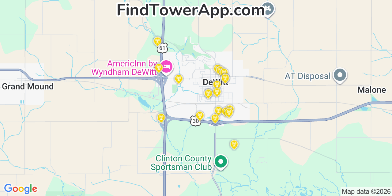 Map showing the 20 primary cell tower locations detected in De Witt, Iowa from AT&T, Verizon, and T-Mobile networks