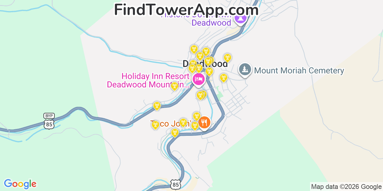 Map showing the 20 primary cell tower locations detected in Deadwood, South Dakota from AT&T, Verizon, and T-Mobile networks