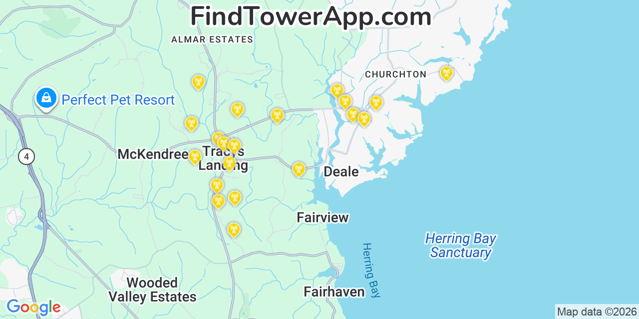 Map showing the 20 primary cell tower locations detected in Deale, Maryland from AT&T, Verizon, and T-Mobile networks