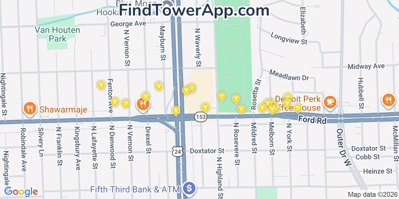 Map showing the 20 primary cell tower locations detected in Dearborn Heights, Michigan from AT&T, Verizon, and T-Mobile networks