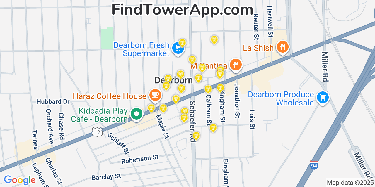 Map showing the 20 primary cell tower locations detected in Dearborn, Michigan from AT&T, Verizon, and T-Mobile networks