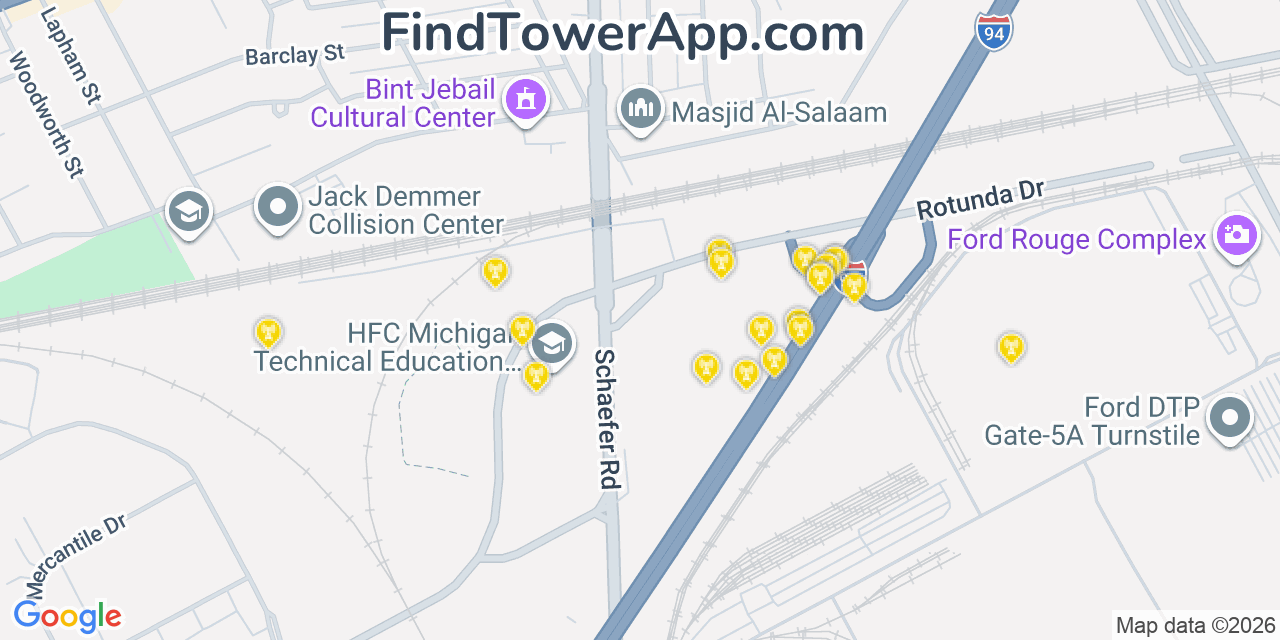 Map showing the 20 primary cell tower locations detected in Dearborn, Michigan from AT&T, Verizon, and T-Mobile networks