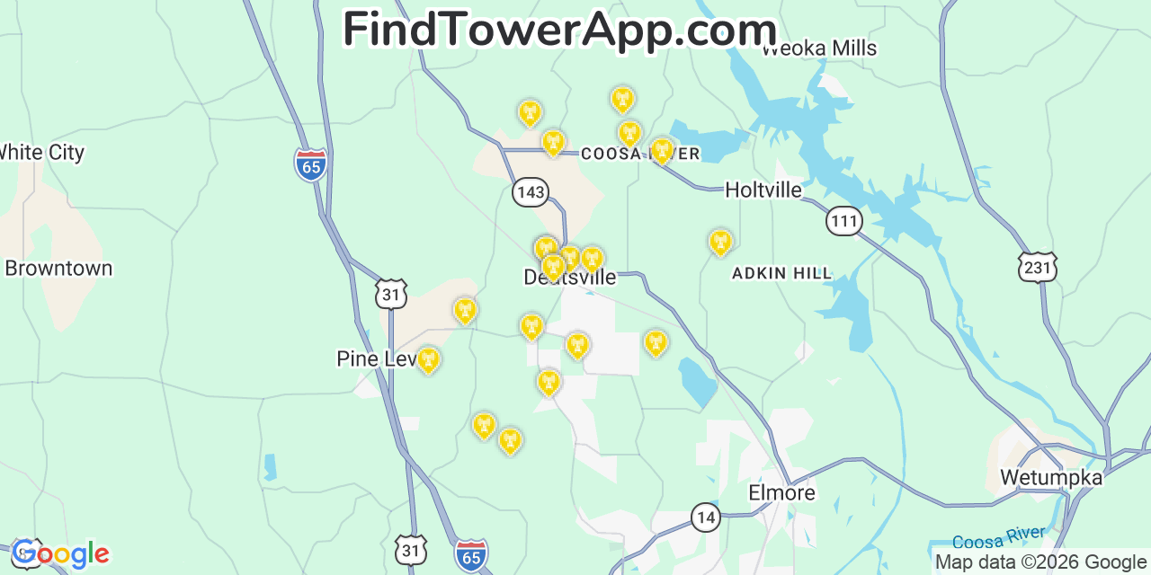 Map showing the 20 primary cell tower locations detected in Deatsville, Alabama from AT&T, Verizon, and T-Mobile networks