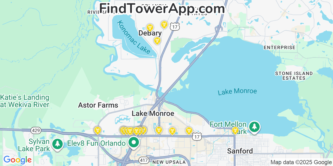 Map showing the 37 primary AT&T cell tower locations detected in Debary, Florida with coverage radius and signal strength indicators