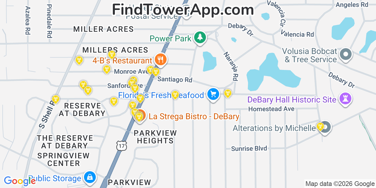Map showing the 20 primary cell tower locations detected in Debary, Florida from AT&T, Verizon, and T-Mobile networks