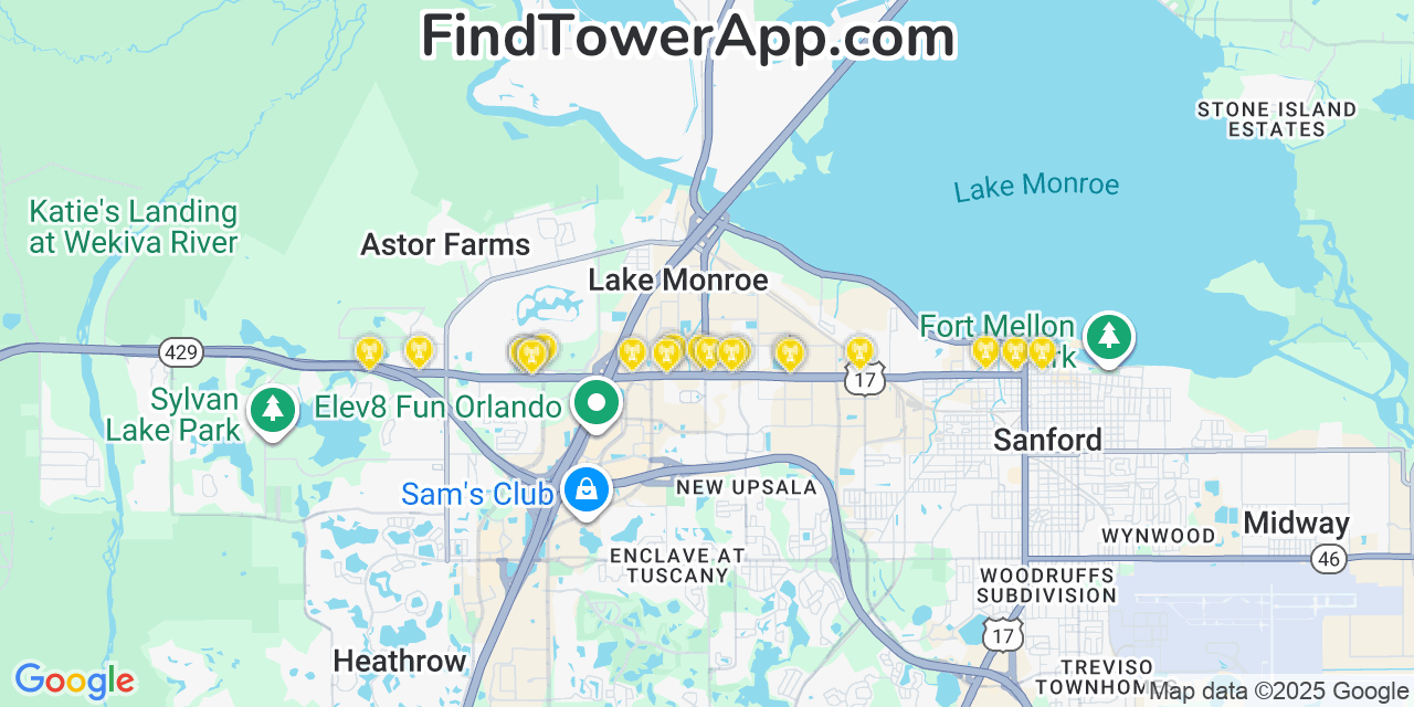 Map showing the 20 primary T-Mobile cell tower locations detected in Debary, Florida with coverage radius and signal strength indicators