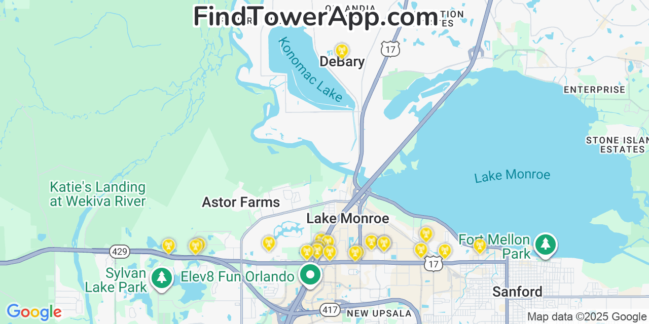 Map showing the 30 primary Verizon cell tower locations detected in Debary, Florida with coverage radius and signal strength indicators