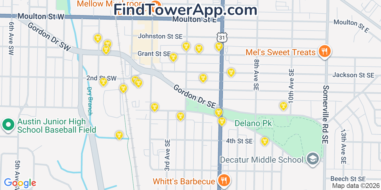 Map showing the 20 primary cell tower locations detected in Decatur, Alabama from AT&T, Verizon, and T-Mobile networks