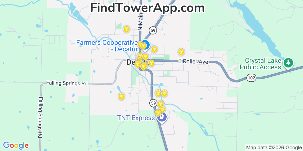 Map showing the 20 primary cell tower locations detected in Decatur, Arkansas from AT&T, Verizon, and T-Mobile networks