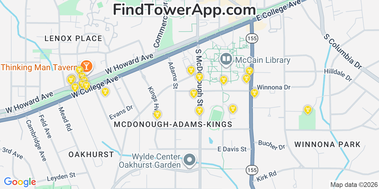 Map showing the 20 primary cell tower locations detected in Decatur, Georgia from AT&T, Verizon, and T-Mobile networks