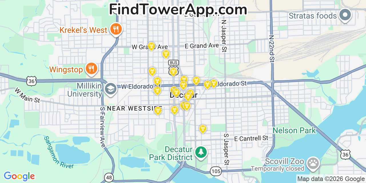 Map showing the 20 primary cell tower locations detected in Decatur, Illinois from AT&T, Verizon, and T-Mobile networks
