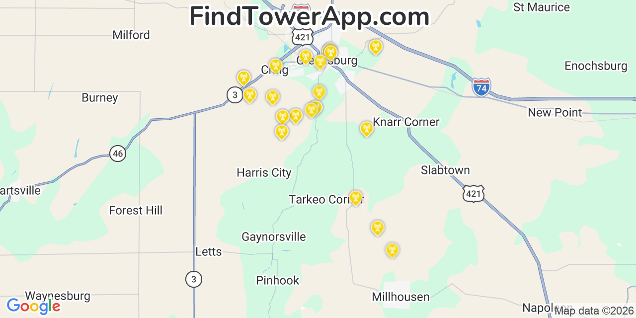 Map showing the 20 primary cell tower locations detected in Decatur, Indiana from AT&T, Verizon, and T-Mobile networks