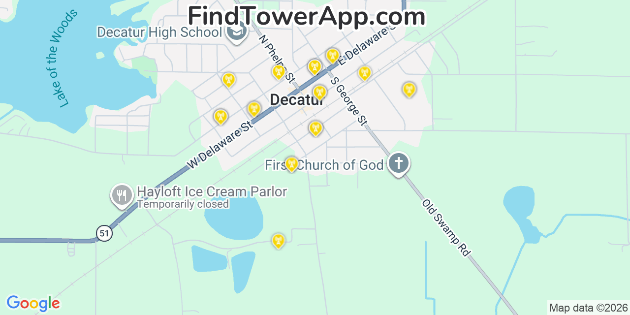 Map showing the 20 primary cell tower locations detected in Decatur, Michigan from AT&T, Verizon, and T-Mobile networks
