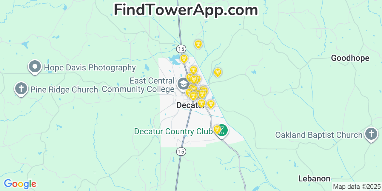 Map showing the 20 primary cell tower locations detected in Decatur, Mississippi from AT&T, Verizon, and T-Mobile networks