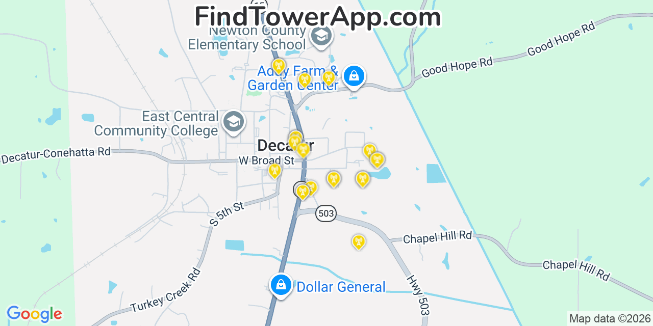 Map showing the 20 primary cell tower locations detected in Decatur, Mississippi from AT&T, Verizon, and T-Mobile networks