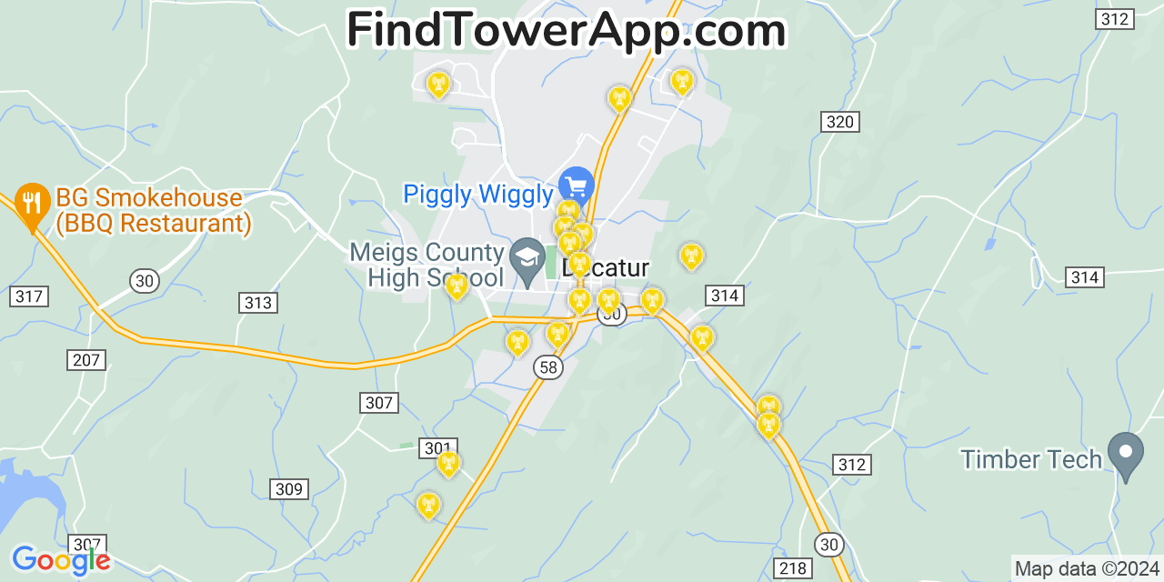 AT&T 4G/5G cell tower coverage map Decatur, Tennessee