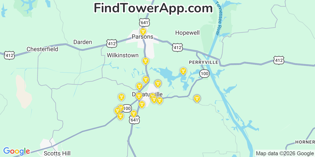 Map showing the 20 primary cell tower locations detected in Decatur, Tennessee from AT&T, Verizon, and T-Mobile networks