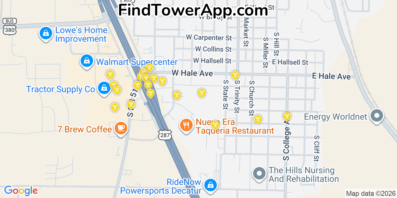 Map showing the 20 primary cell tower locations detected in Decatur, Texas from AT&T, Verizon, and T-Mobile networks
