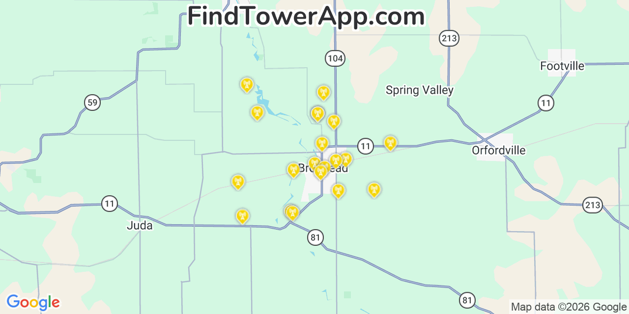 Map showing the 20 primary cell tower locations detected in Decatur, Wisconsin from AT&T, Verizon, and T-Mobile networks