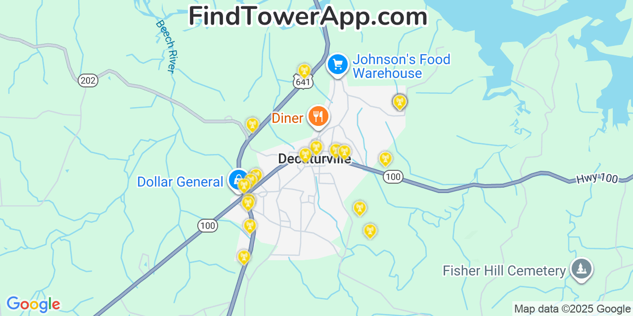 Map showing the 20 primary cell tower locations detected in Decaturville, Tennessee from AT&T, Verizon, and T-Mobile networks