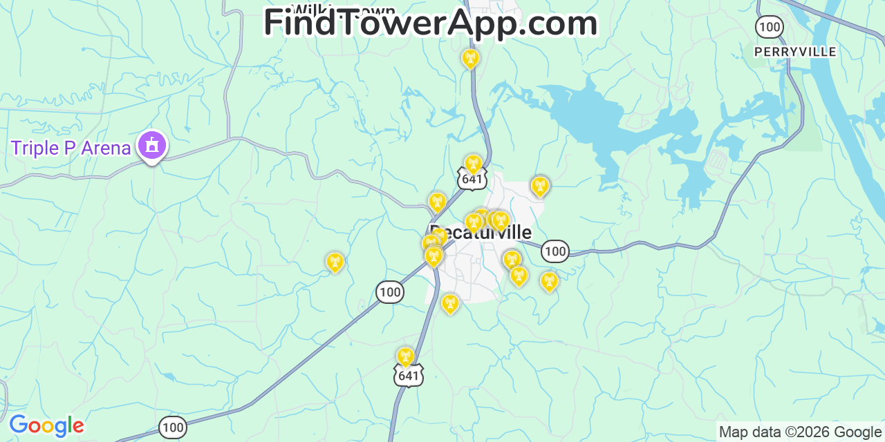 Map showing the 20 primary cell tower locations detected in Decaturville, Tennessee from AT&T, Verizon, and T-Mobile networks