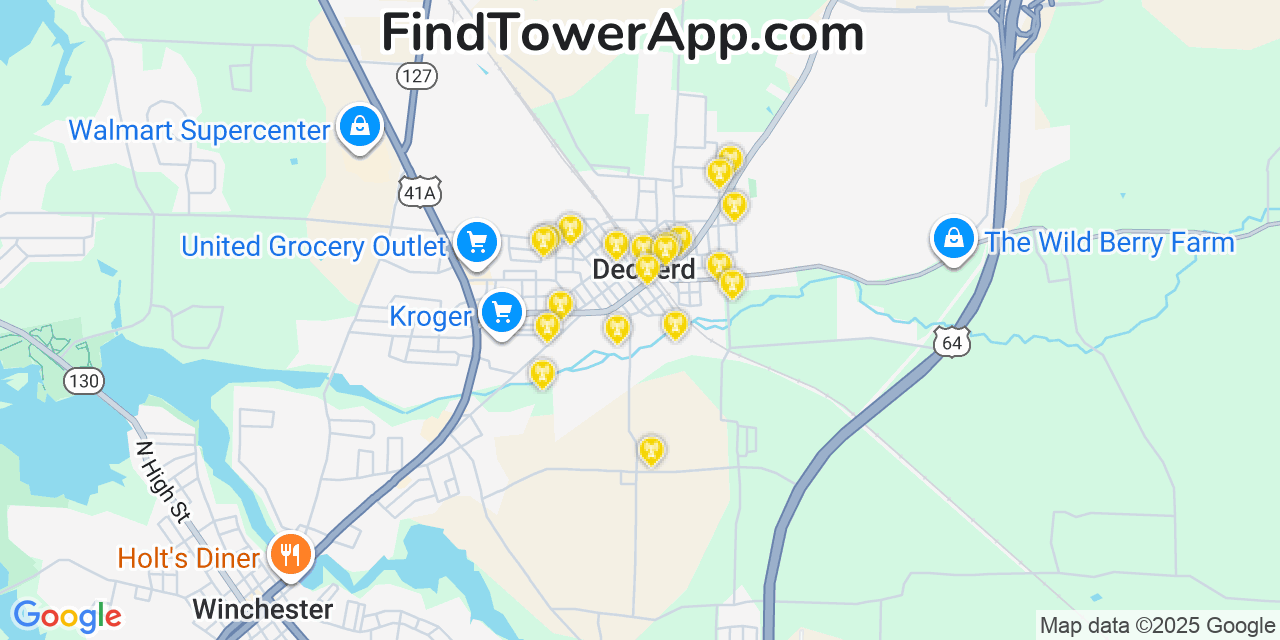 Map showing the 20 primary cell tower locations detected in Decherd, Tennessee from AT&T, Verizon, and T-Mobile networks