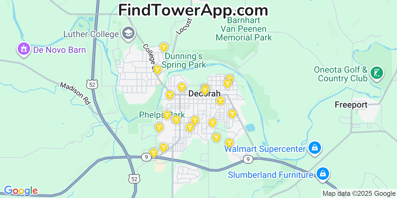 Map showing the 20 primary cell tower locations detected in Decorah, Iowa from AT&T, Verizon, and T-Mobile networks