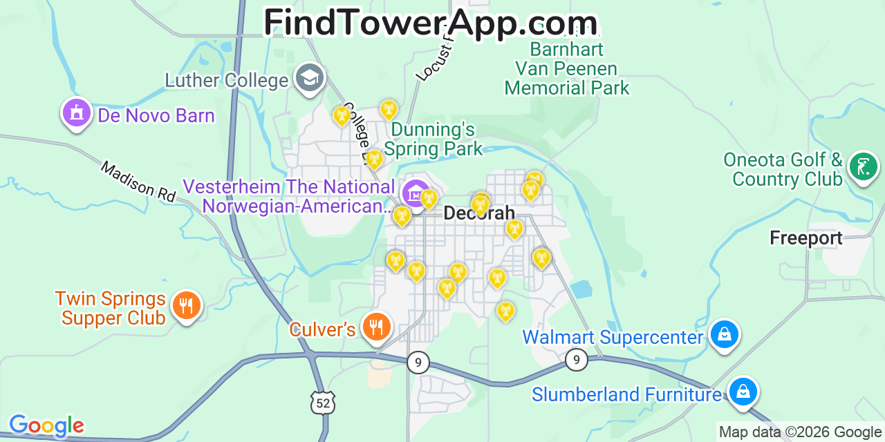 Map showing the 20 primary cell tower locations detected in Decorah, Iowa from AT&T, Verizon, and T-Mobile networks