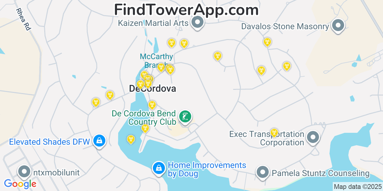 Map showing the 20 primary AT&T cell tower locations detected in Decordova, Texas with coverage radius and signal strength indicators